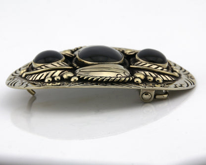 Navajo Handmade Belt Buckle .999 Nickle Silver Onyx Artist Signed Tipi C.80's