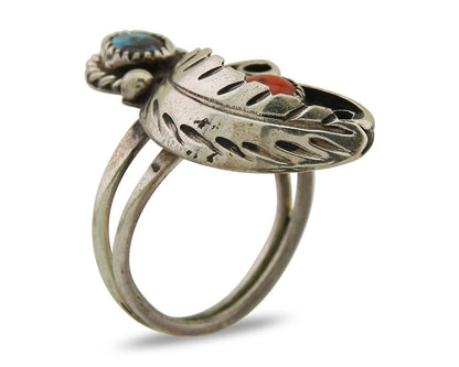 Navajo Handmade Ring 925 Silver Turquoise & Coral Native Artist C.80's
