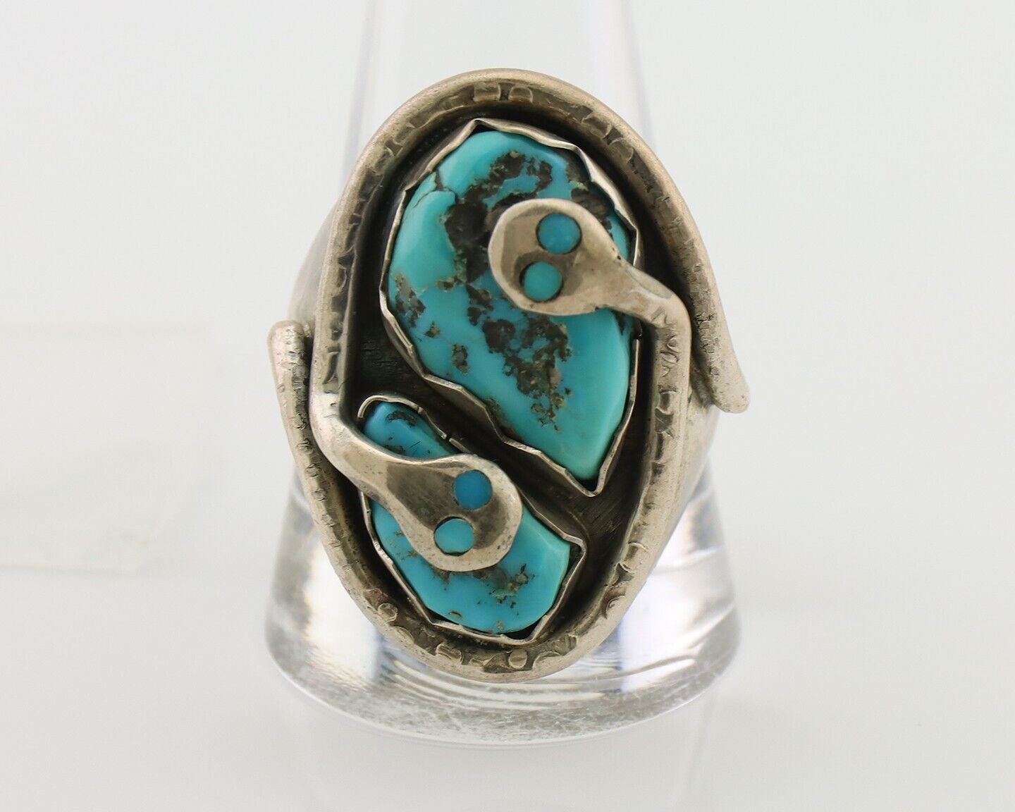 Mens Heavy Zuni Snake Ring 925 Silver Turquoise Signed EFFIE CALAVASA C.80's