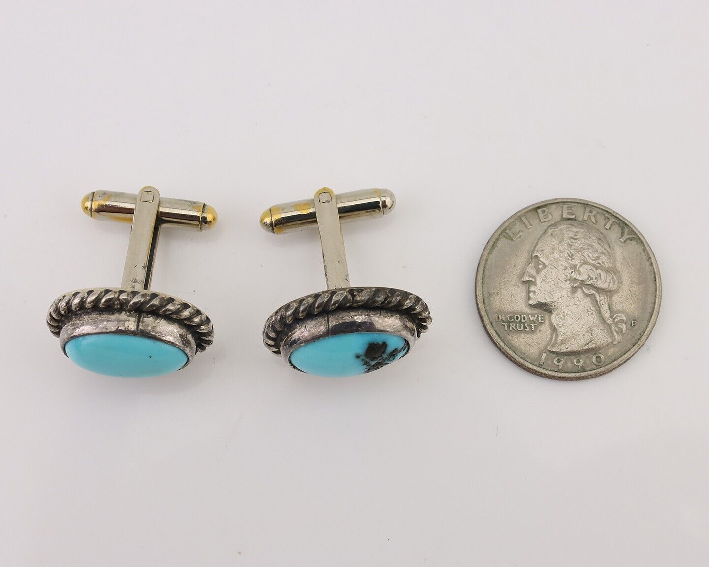 Navajo Cufflinks 925 Silver Native American Natural Turquoise C.80's