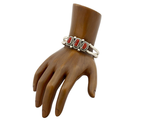 Navajo Bracelet .925 Silver Natural Red Coral Artist Native American C.1980's