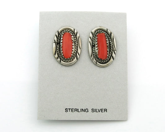 Navajo Dangle Earrings Sterling Silver Handmade Vintage Natural Coral