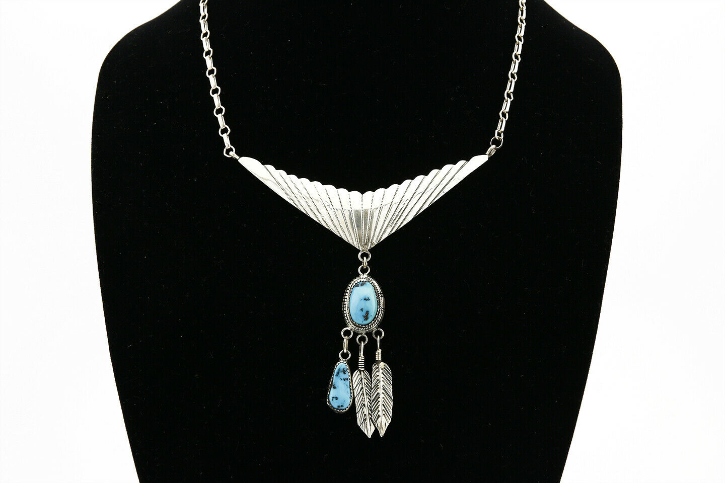 Navajo Handmade .925 Silver Blue Turquoise Hand Cut Necklace