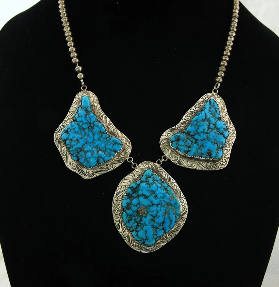 Navajo Bead Necklace Sterling Silver Natural Nugget Turquoise Vintage Handmade