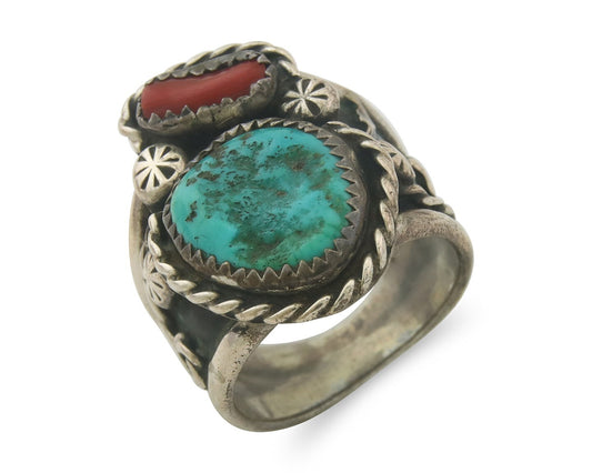 Vintage Navajo Ring 925 Sterling Turquoise & Coral Native Artist C.80's Sz 9.75
