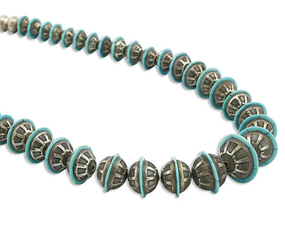 Navajo Hand Stamped .925 Silver Bead Inlaid Hand Cut Turquoise Necklace