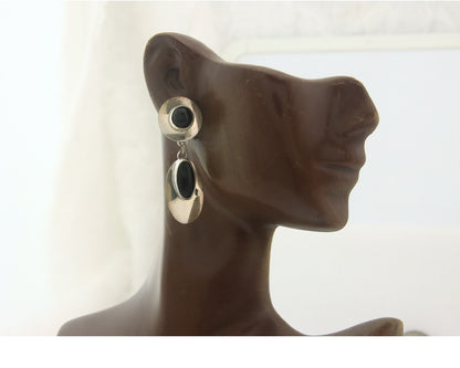 Navajo Earrings Sterling Silver Natural Onyx Dangle Vintage Handmade