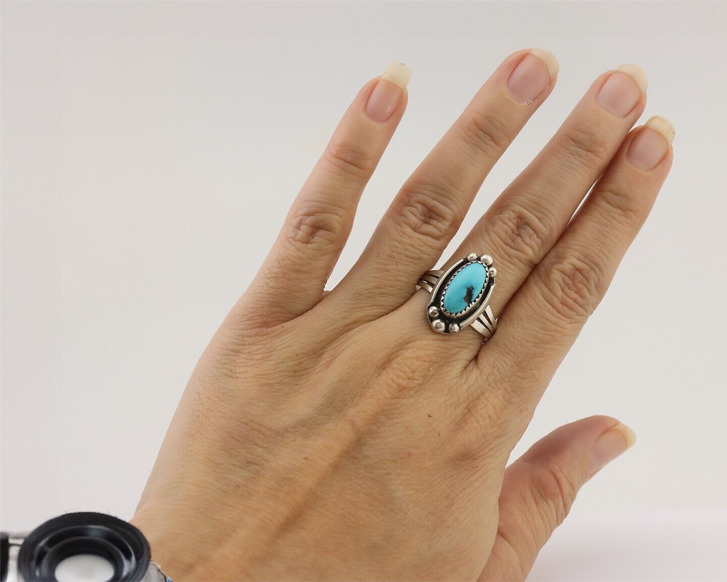 Navajo Ring 925 Silver Sleeping Beauty Turquoise Artist Signed SC C.80's