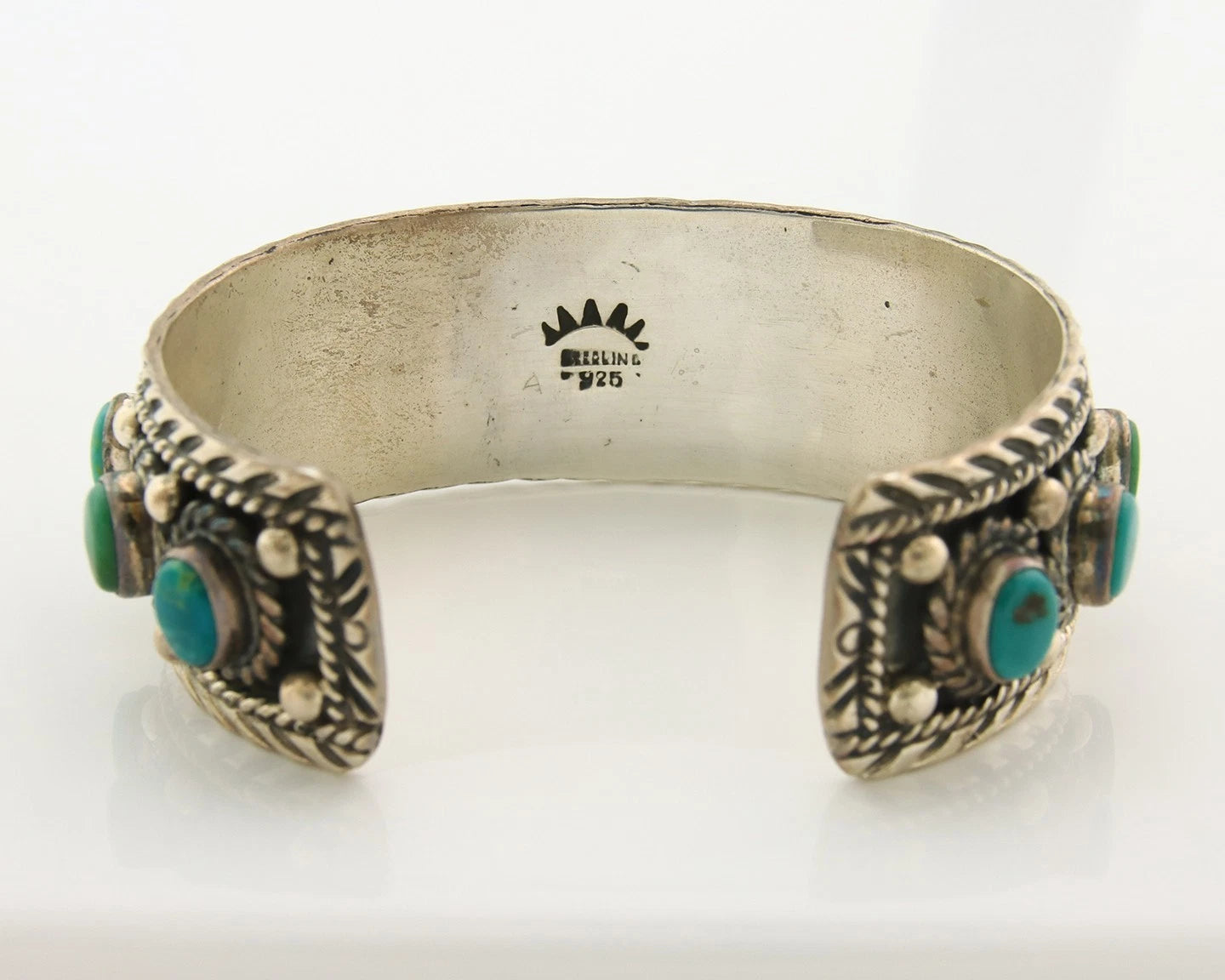 Navajo Cuff Bracelet Sterling Silver Turquoise Vintage Handmade Signed Sun