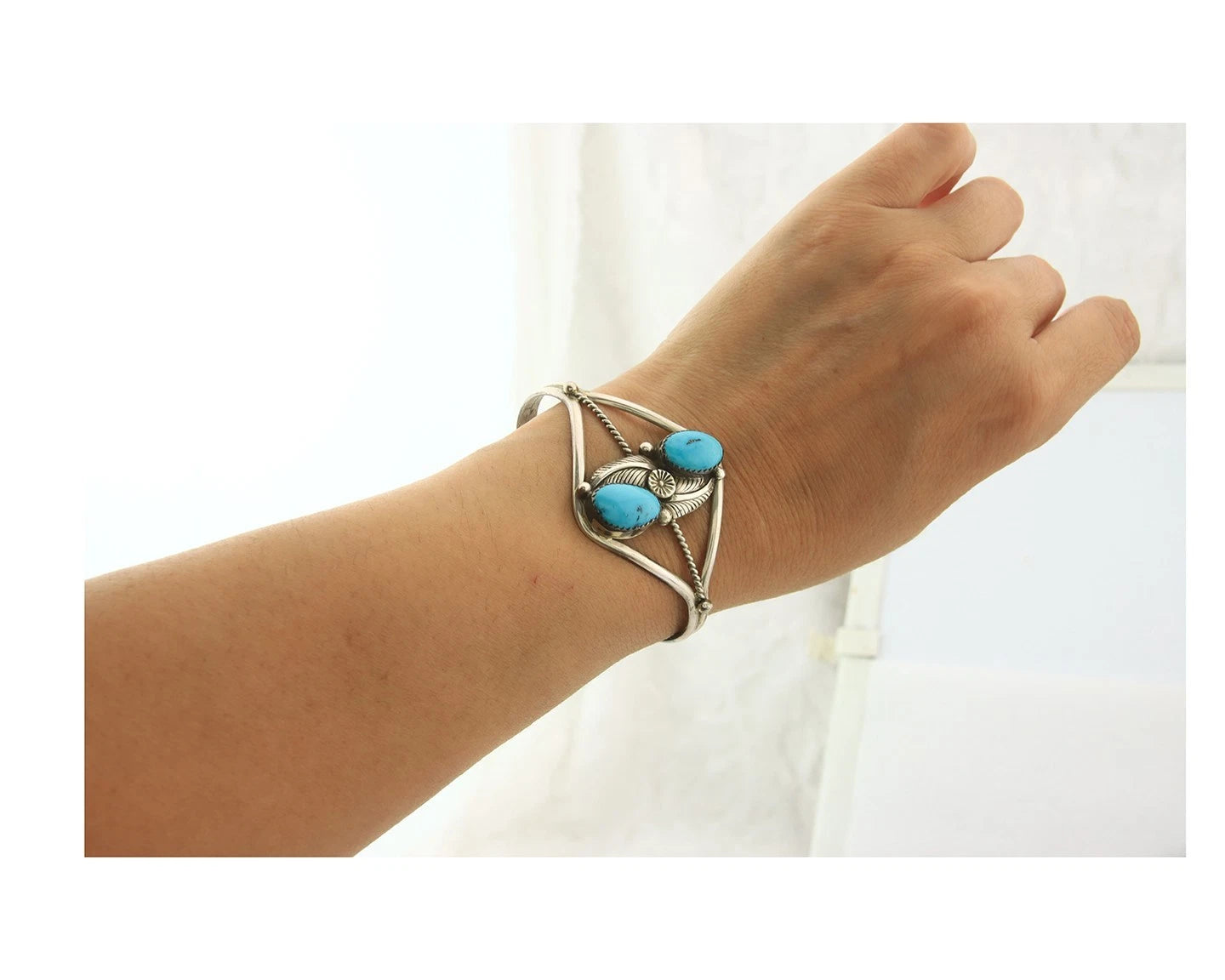 Navajo Cuff Bracelet Sterling Silver Turquoise Native Vintage Artist Signed Paul