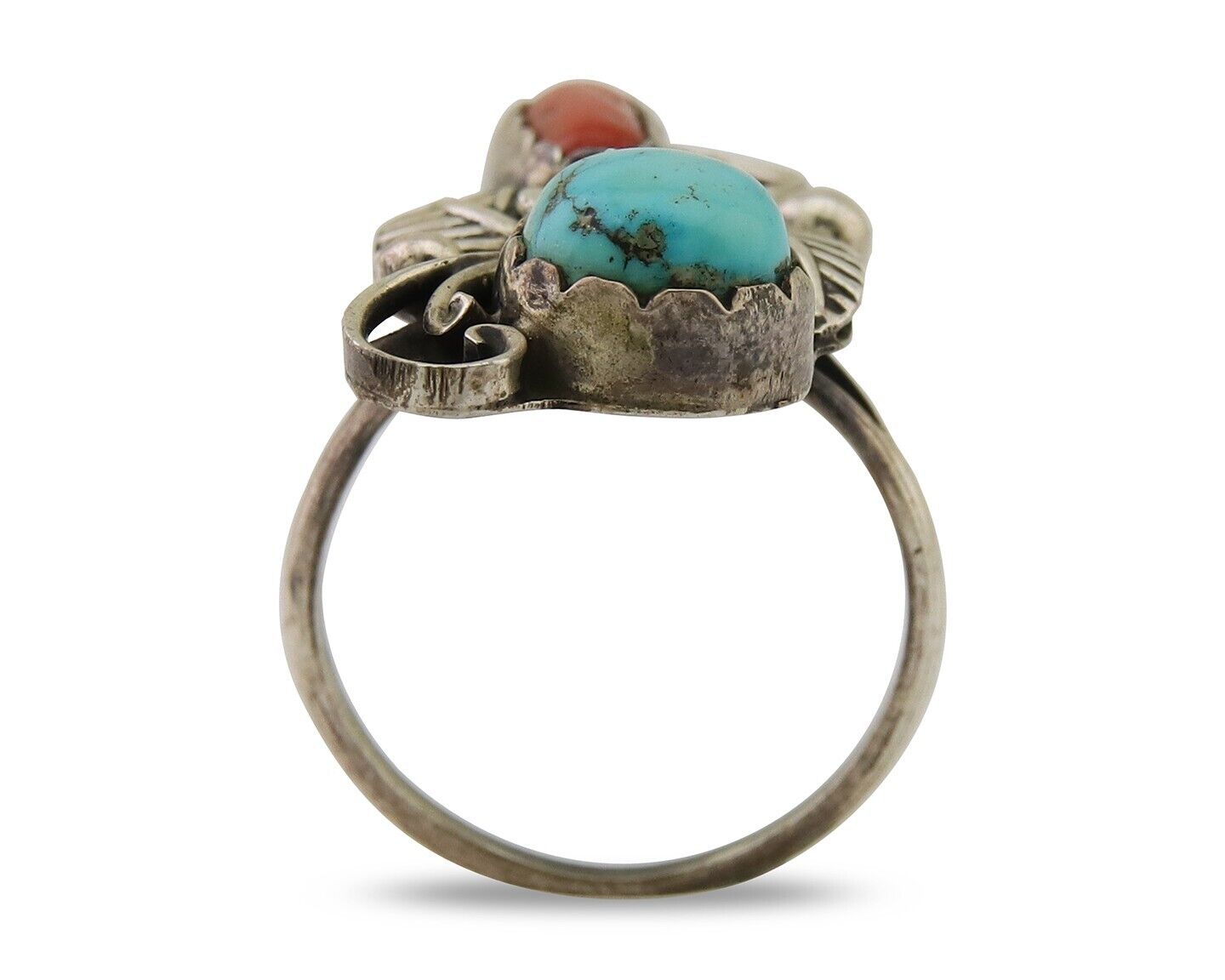 Navajo Handmade Ring 925 Silver Turquoise & Coral Artist Signed Dan Whitegoat 80