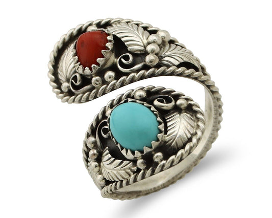 Navajo Adjustable Ring 925 Silver Turquiose & Coral Native Artist C.80's