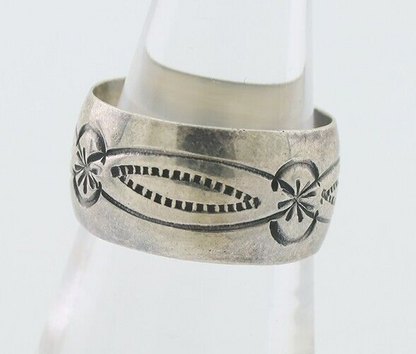 Navajo Hand Stamped Band 925 Silver 11.0 mm Signed Larry Chavez Size 8.25 C.80's