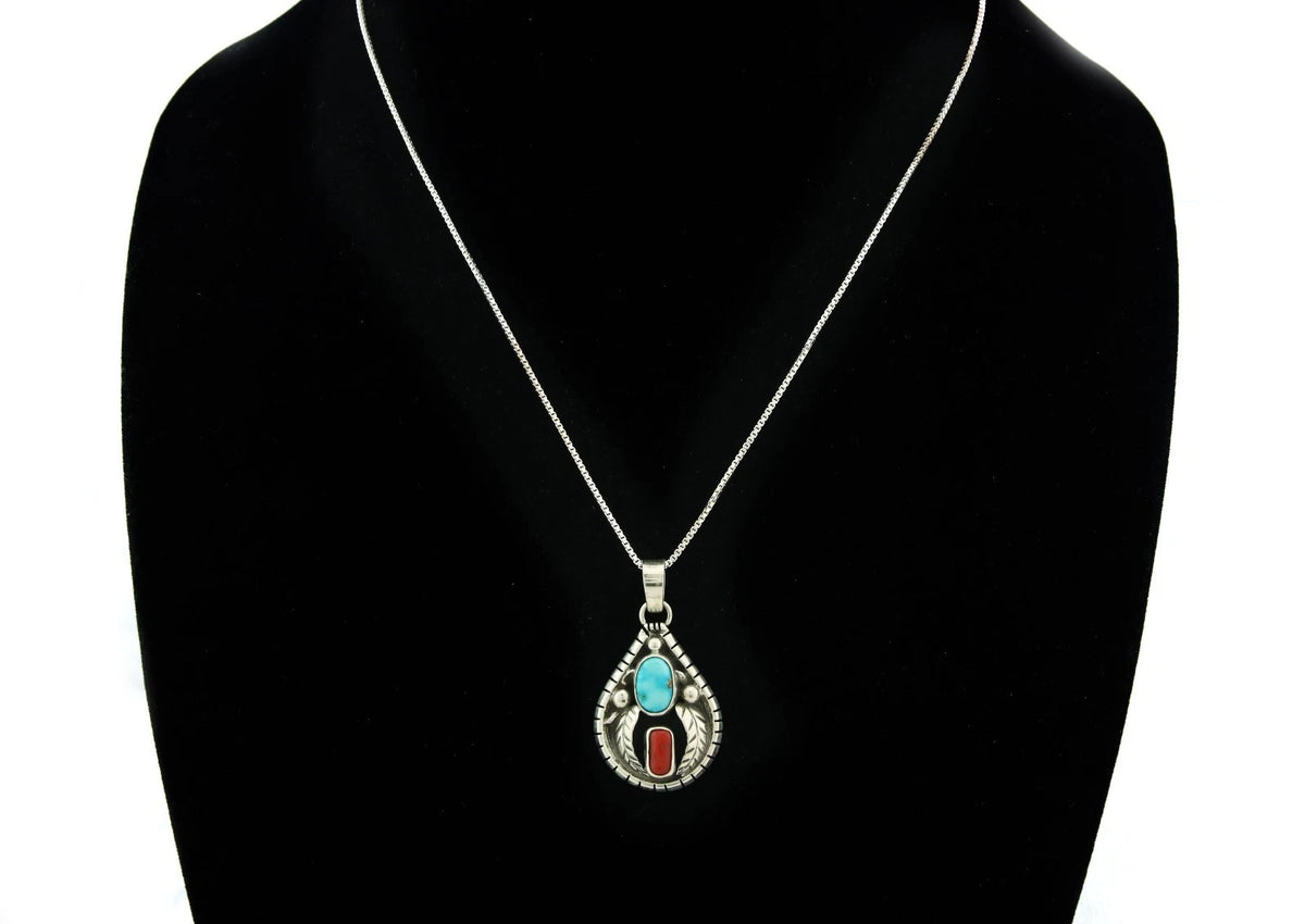 Navajo Necklace 925 Sterling Silver Natural Turquoise & Coral Signed Teepee