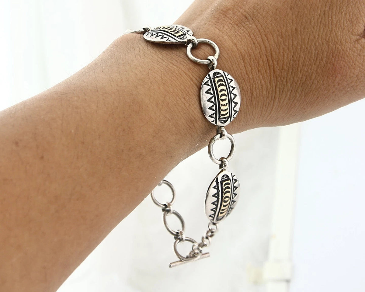 Navajo Cuff Bracelet Sterling Silver & 14k Gold Vintage Signed RT C.80's
