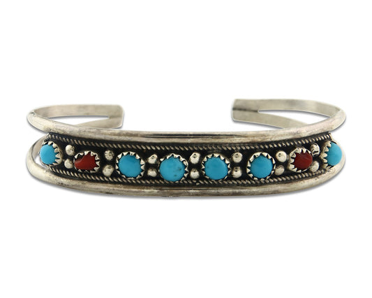 Vintage Hopi Bracelet 925 Silver Red Coral Turquoise Signed EK