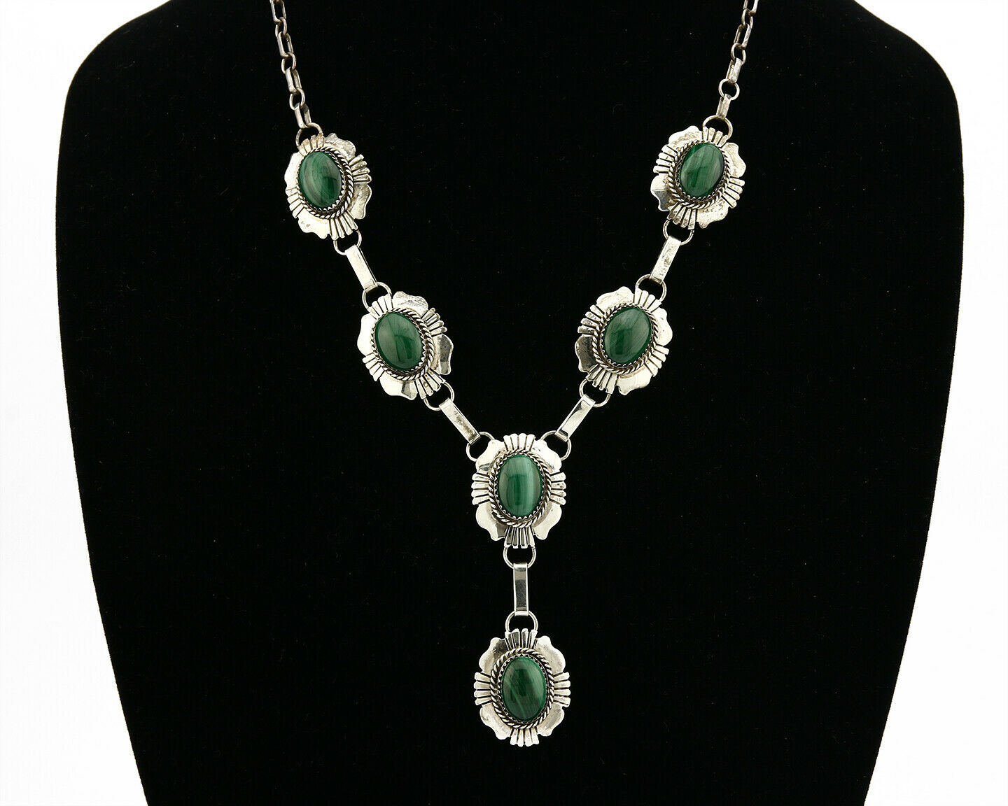 C.80-90's Navajo William Denetdale .925 SOLID Silver Natural Malachite Necklace