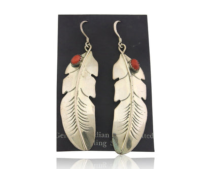 Navajo Earrings 925 Silver Natural Coral Native American C.80's Eagle Feather