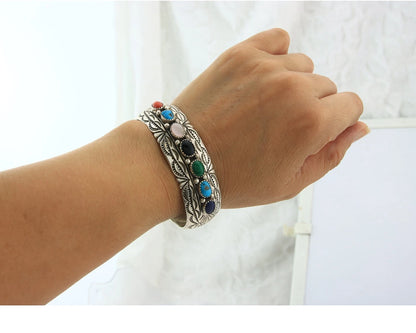 Navajo Cuff Bracelet Sterling Silver Natural Gemstone Vintage Signed WB