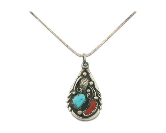 Vintage Navajo Necklace 925 Silver Turquoise & Coral Artist Signed WI
