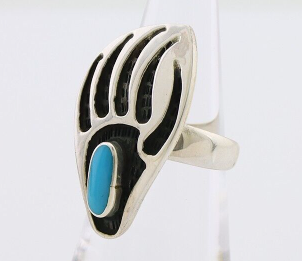 Navajo Badger Paw Ring 925 Silver Turquoise Native American Artist C.80's