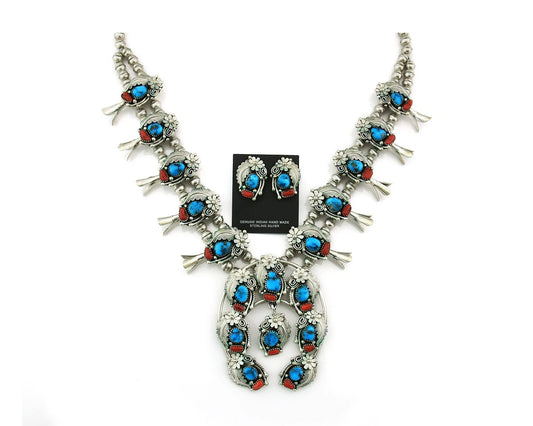 Navajo Necklace 925 Sterling Silver Turquoise & Coral Vintage Handmade