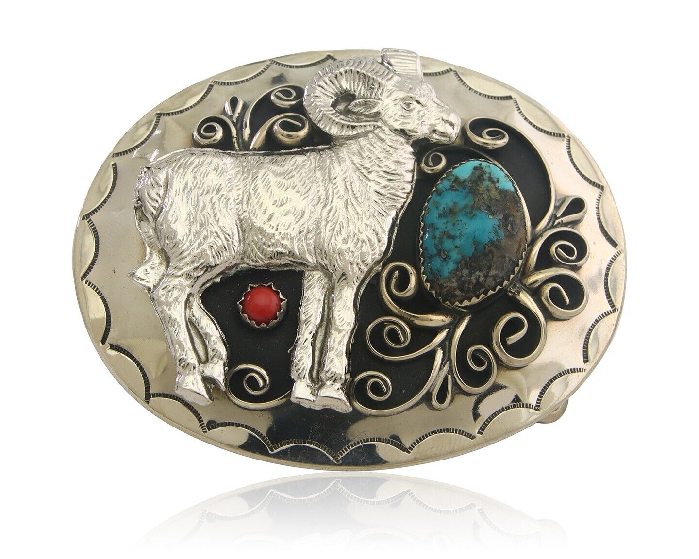 Navajo Belt Buckle .999 Nickel Buffalo Gemstone Signed 2.35 x 3.0 in C.80's