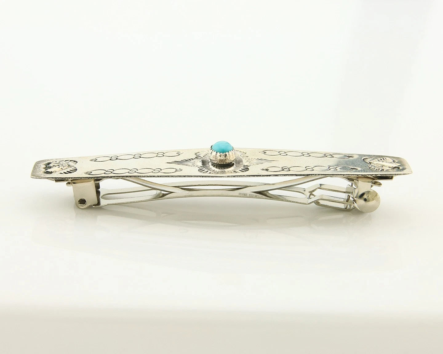 Navajo Barrette Sterling Silver Turquoise Hand Stamped Vintage Signed WS