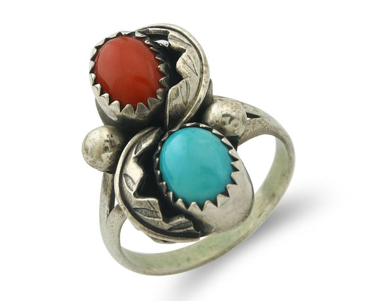 Vintage Navajo Ring 925 Sterling Silver Authentic Turquoise & Coral Size 5.25