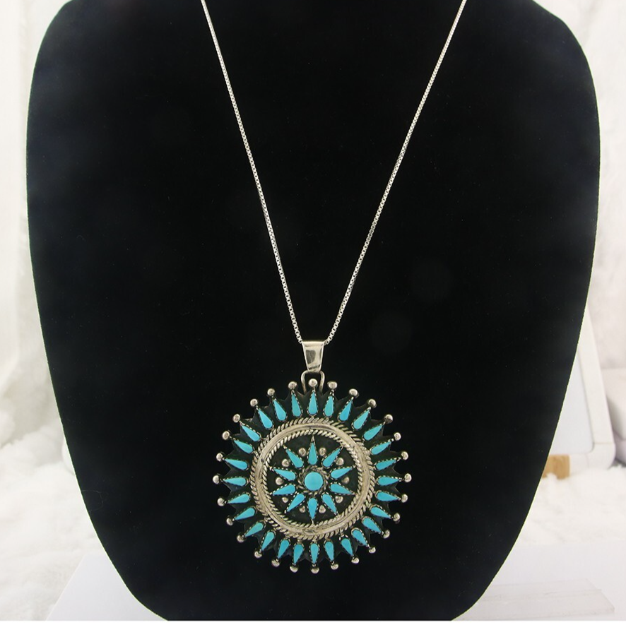 Navajo Sterling Silver Necklace Turquosie Authentic Vintage Signed Ben Yazzie