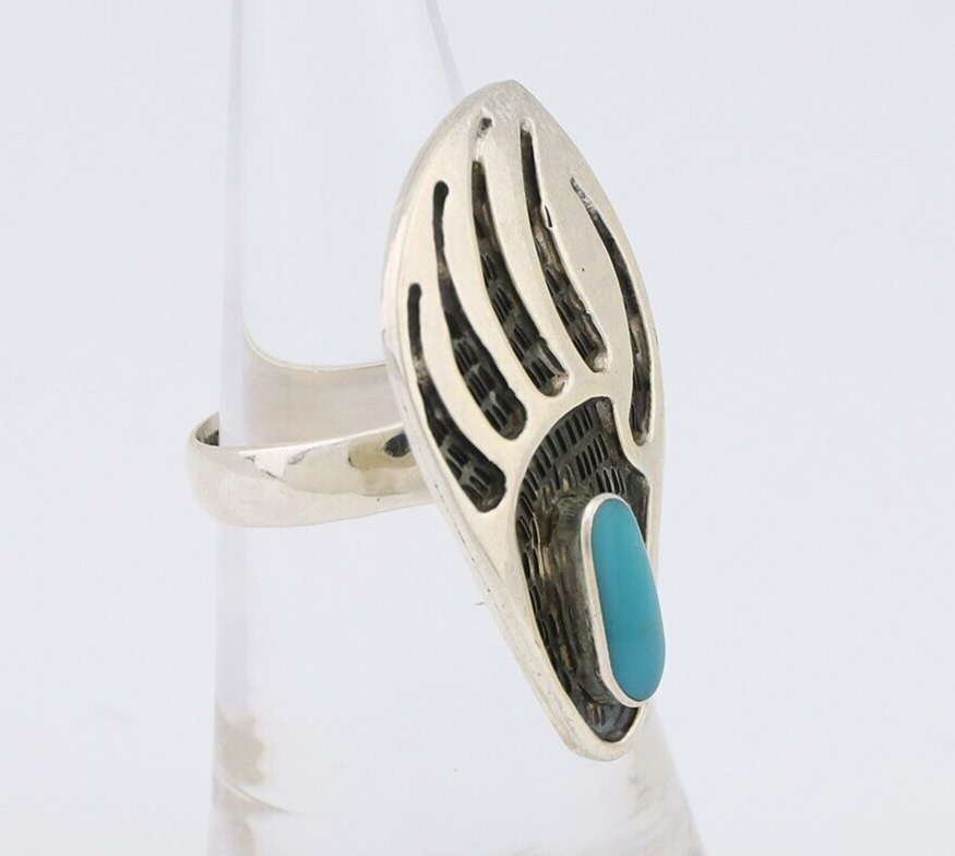 Navajo Badger Paw Ring 925 Silver Turquoise Native American Artist C.80's