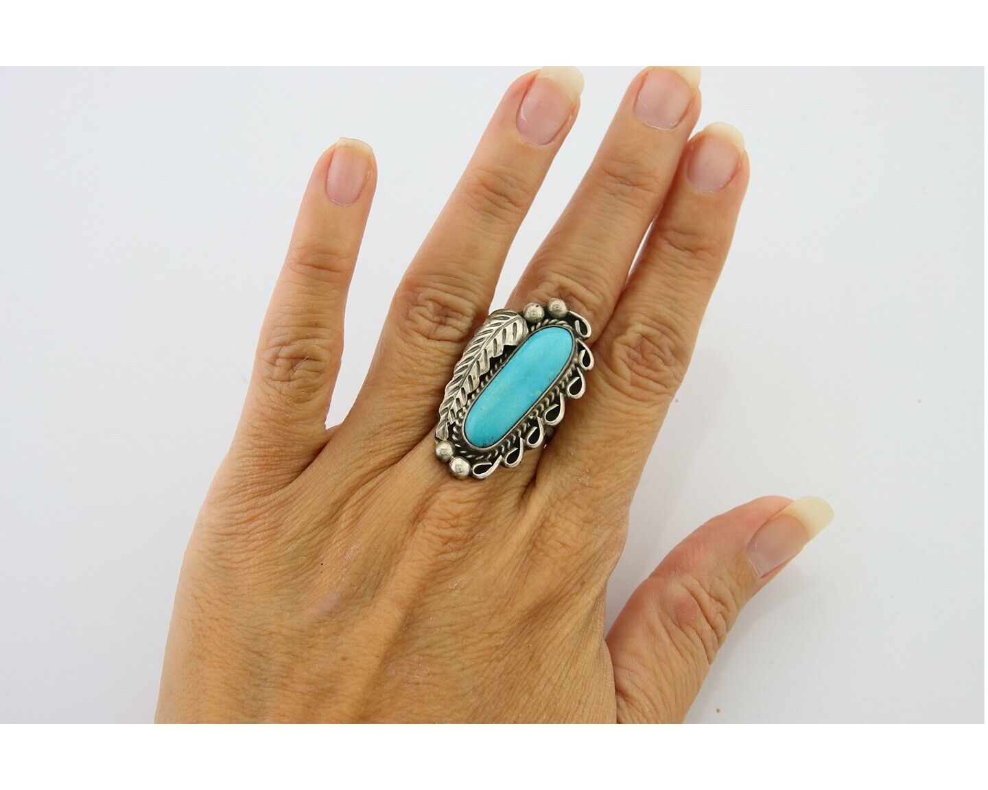 Navajo Ring .925 Sterling Blue Turquoise Artist Signed EK C.80's