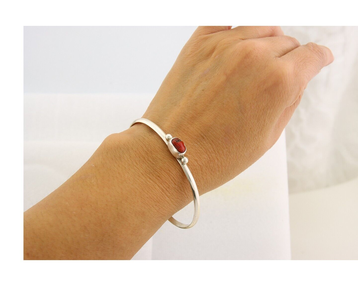Navajo Bracelet .925 Silver Natural Red Coral Cuff Native American Artist C.80's