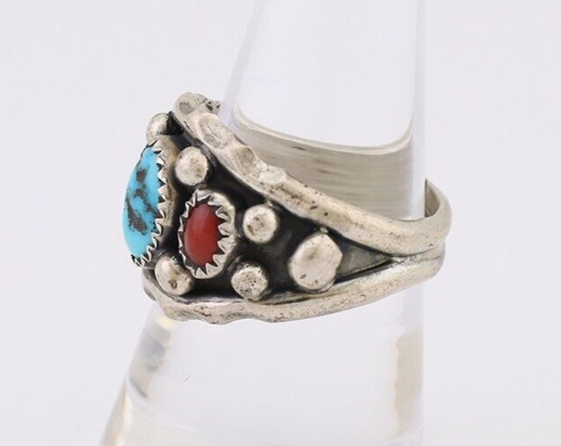 Navajo Ring 925 Silver Coral Turquoise Artist Signed Ella Cowboy C.80's