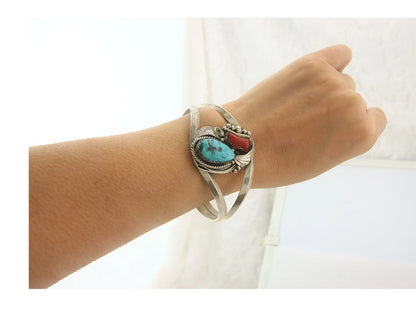 Navajo Cuff Bracelet Sterling Silver Natural Gemstone Vintage Native Signed JM