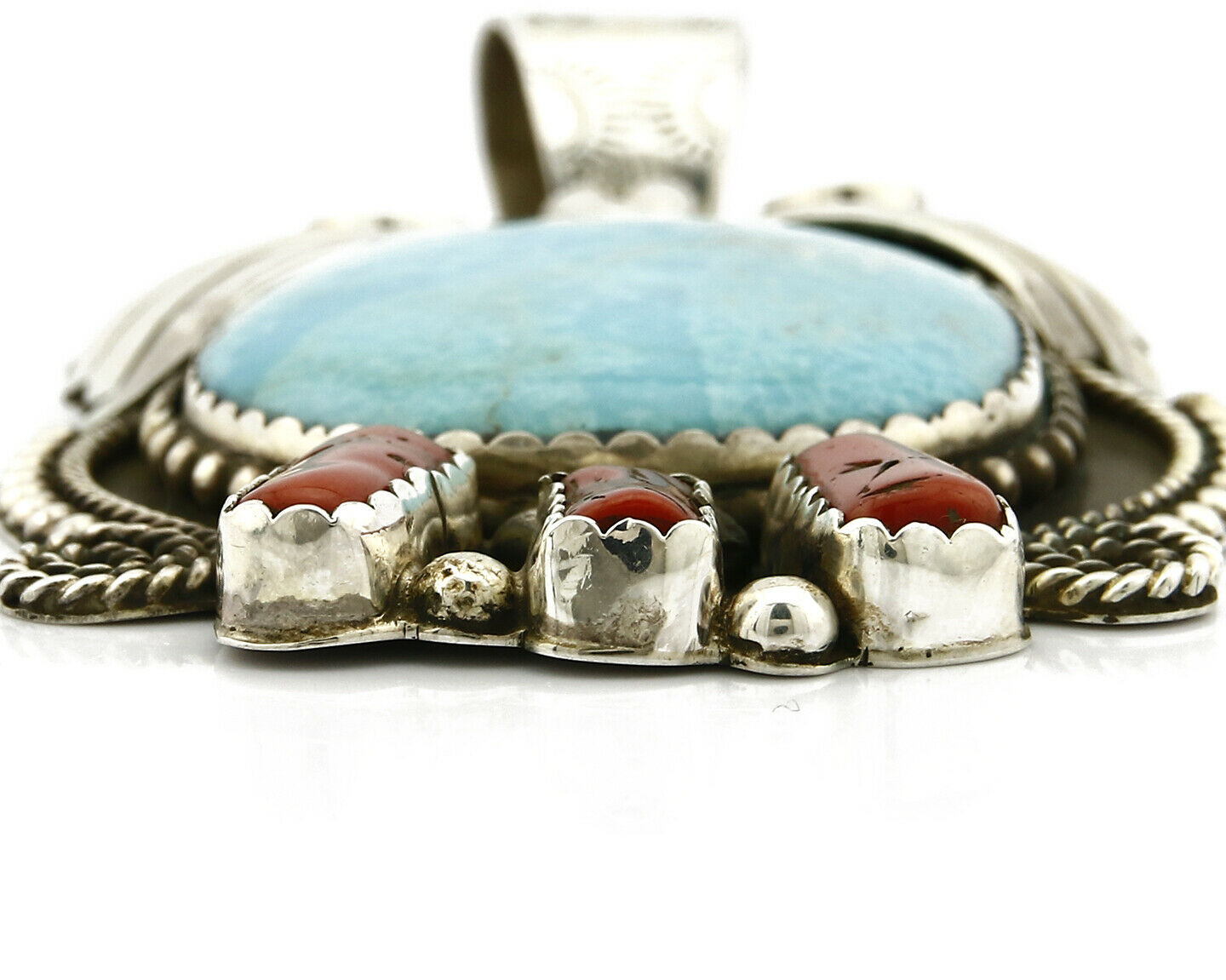 Navajo Natural Turquoise & Red Coral Pendant .925 Silver Signed Gomez C.2005