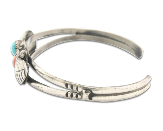 Vintage Navajo Bracelet 925 Silver Red Coral Turquoise Authentic