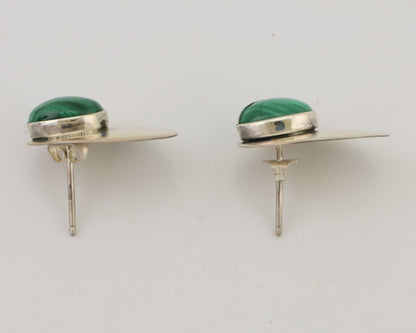 Navajo Shield Earrings 925 Silver Natural Malachite Signed Ella Peters C.80's