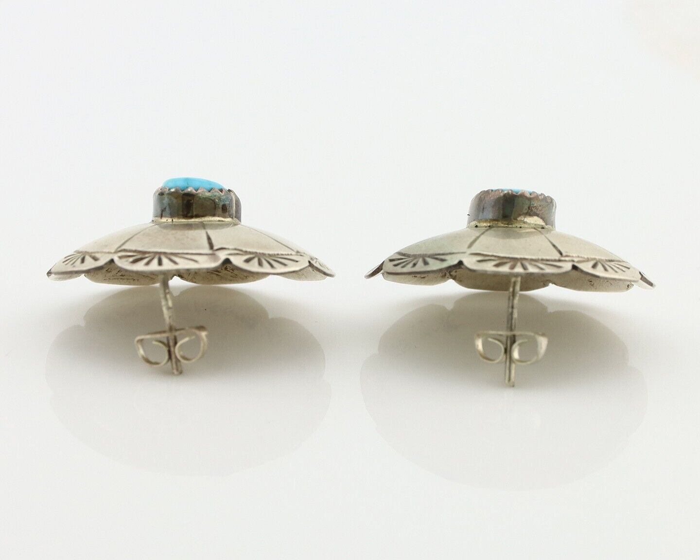 Navajo Hand Stamped Earrings 925 Silver Turquoise Signed Dean Brown C.80's