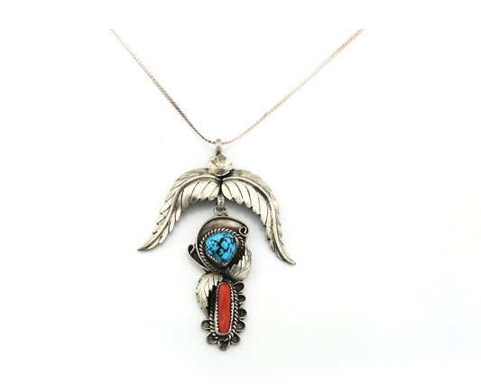 Navajo Necklace Sterling Silver Turquoise Coral Vintage Signed L Yazzie