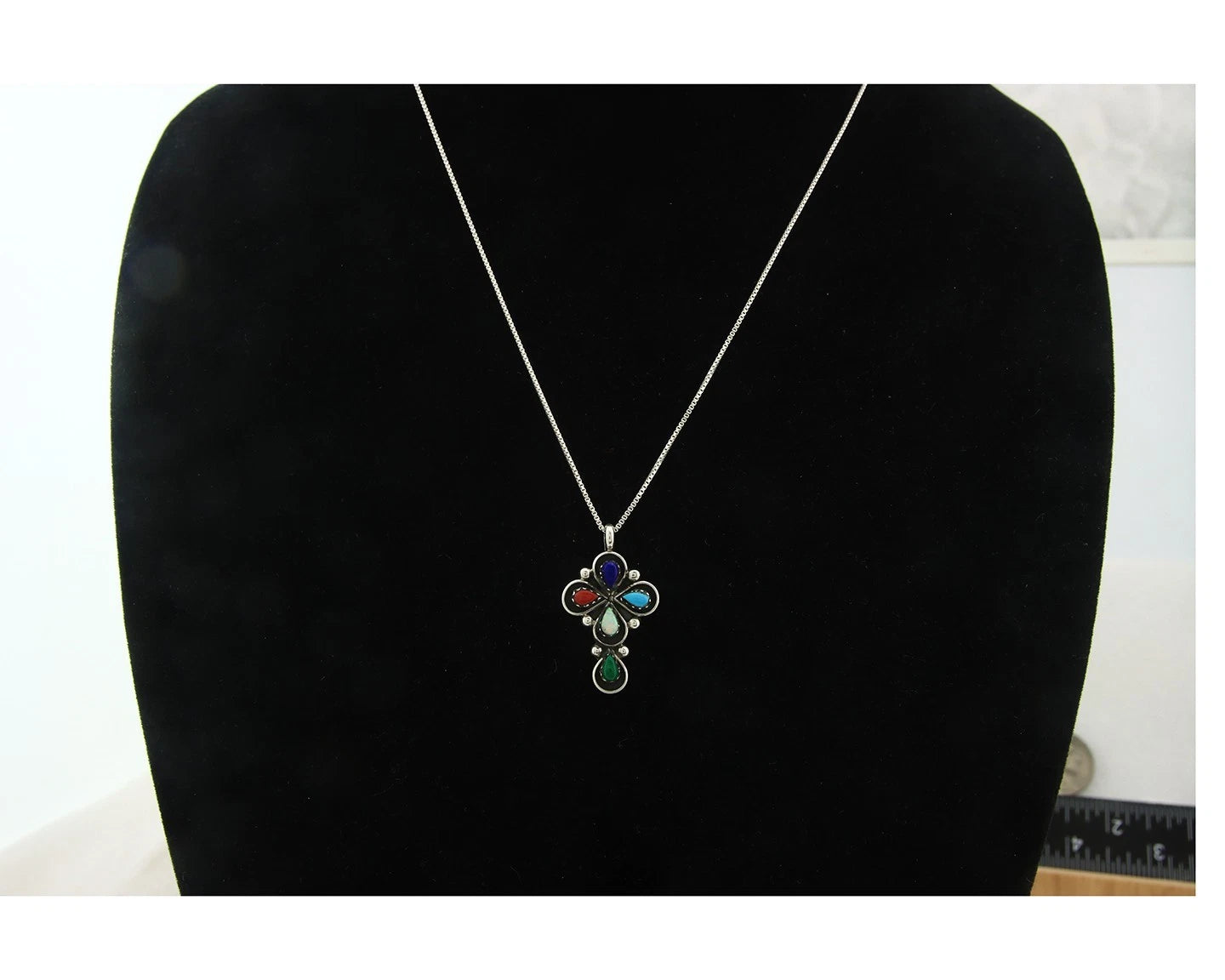 Navajo Cross Necklace Sterling Silver Natural Gemstones Artist Signed SL
