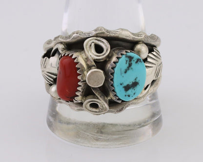 Navajo Ring 925 Silver Coral Turquoise Artist Signed Max Calabaza C.80's