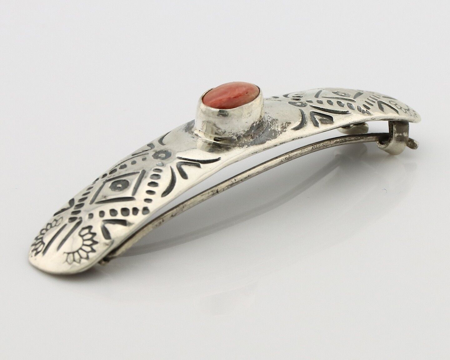 Women Navajo Hair Clip Barrette 925 Silver White Red Spiney Oyster Native Artist