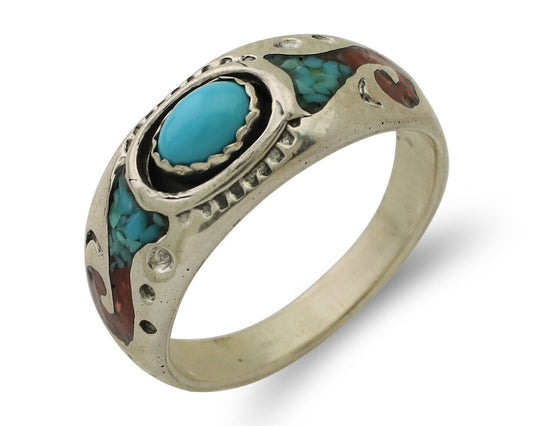 Navajo Ring 925 Silver Turquoise & Coral Natural American Artist C.80's