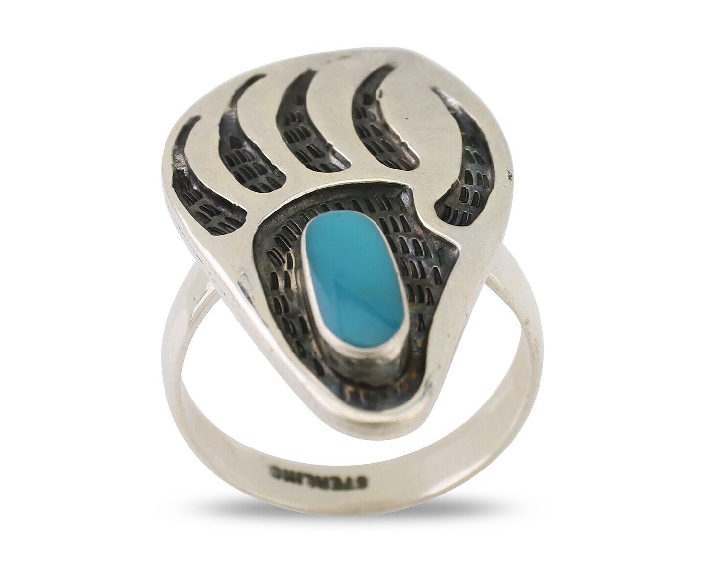 Navajo Badger Paw Ring 925 Silver Turquoise Native American Artist C.80's