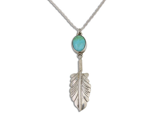 Navajo Feather Turquoise Necklace 925 Silver Artist Signed M Montoya C.80's