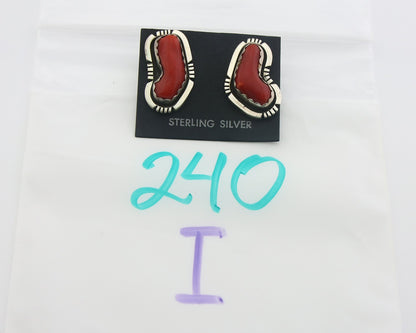 Navajo Earrings 925 Silver Natural Coral Artist Signed Charles Johnson C.80's