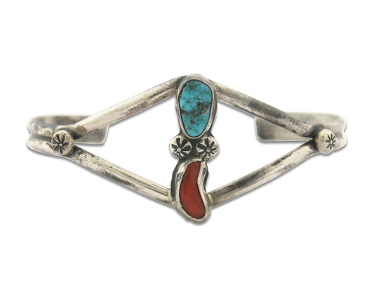 Vintage Navajo Bracelet 925 Silver Red Coral Turquoise Authentic