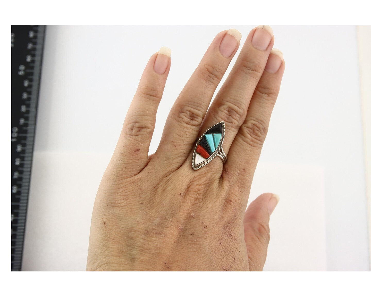 Vintage Zuni Ring 925 Sterling Silver Natural Gemstone Signed R & GT Size 7.0