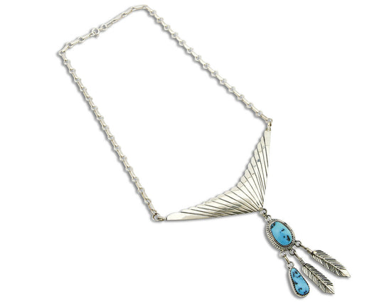 Navajo Handmade .925 Silver Blue Turquoise Hand Cut Necklace